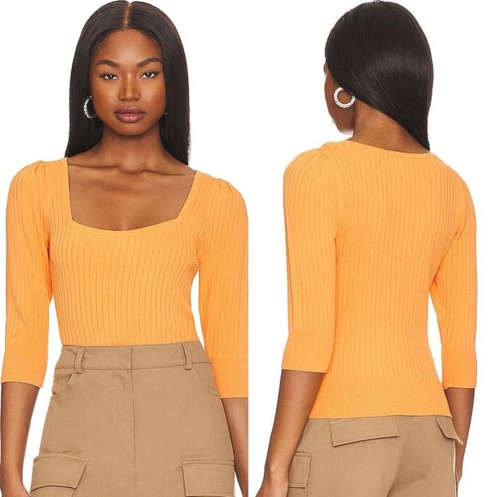 Joie Isa Tangerine Orange Ribbed Square Neck 3/4 Sleeve Top Size S
